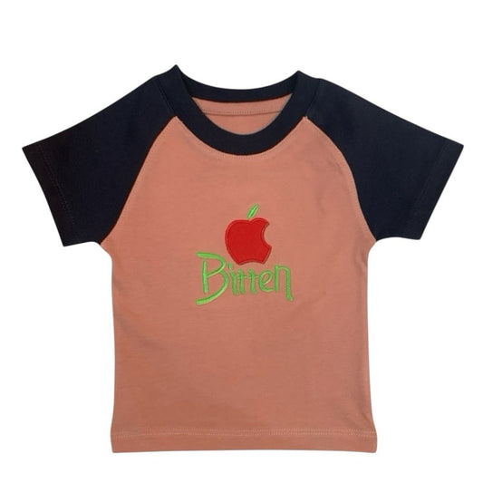 Boy's T - Shirt - Peach & Dark Blue Apple Bitten Embroidered