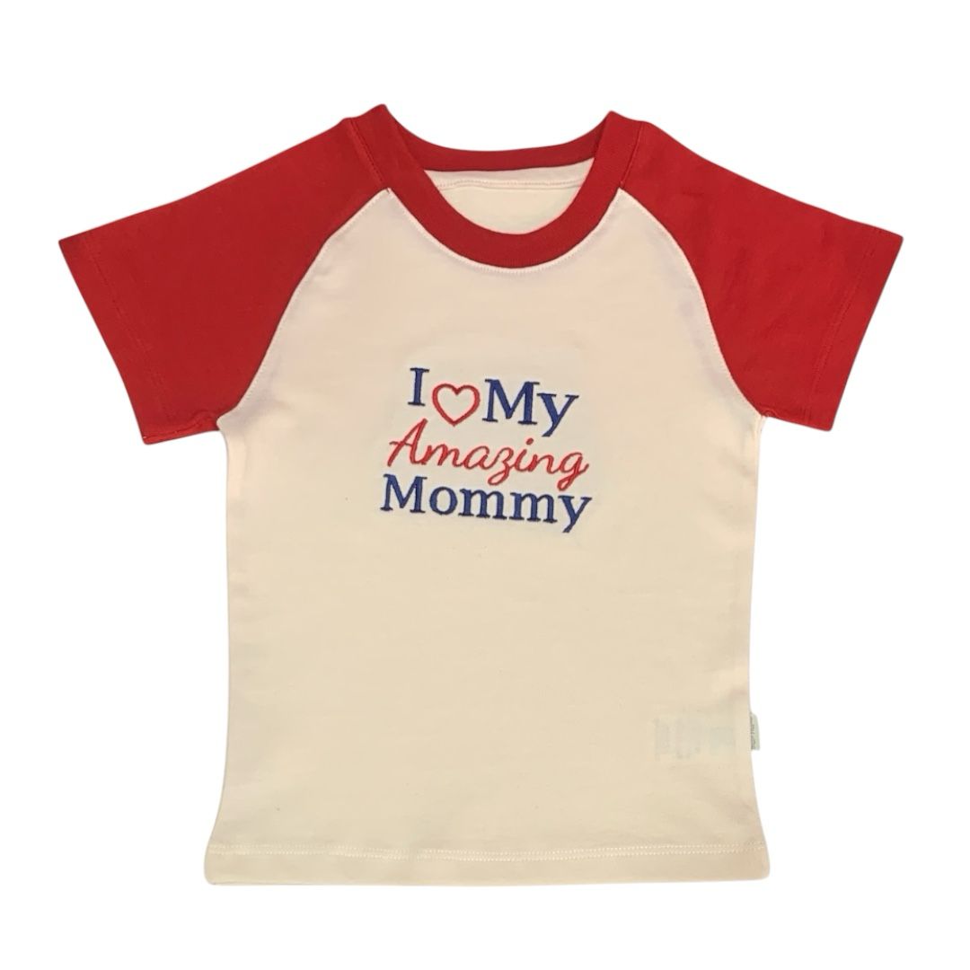 Red Sleeve T-Shirt - I Love My Amazing Mommy Embroidered