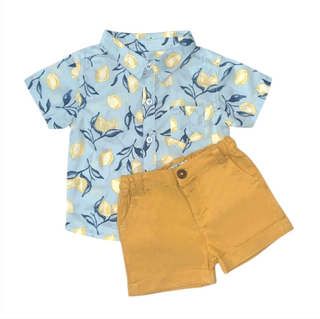 Light Blue Lemon Print Shirt & Yellow Short Set