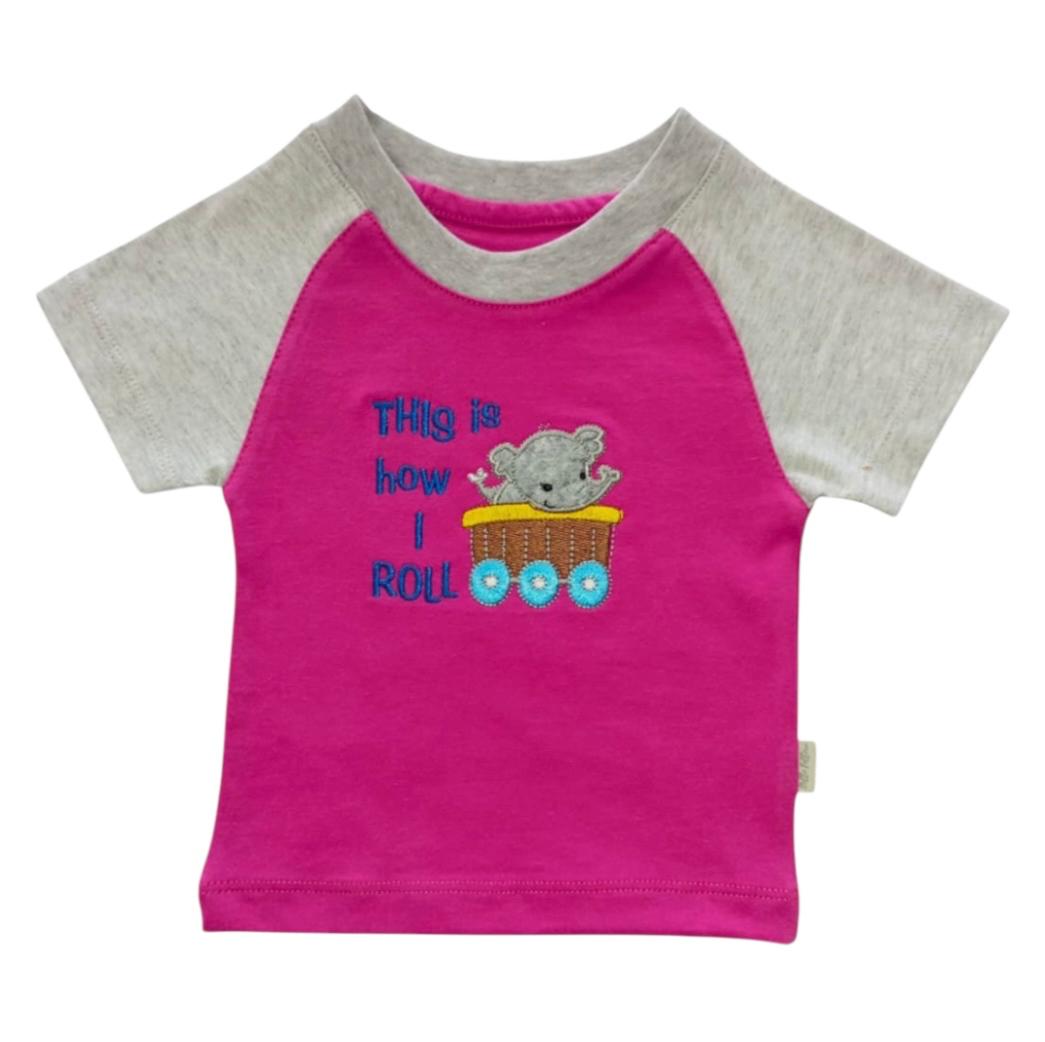 Dark Pink & Gray "This Is How I Roll" Embroidered T - Shirt