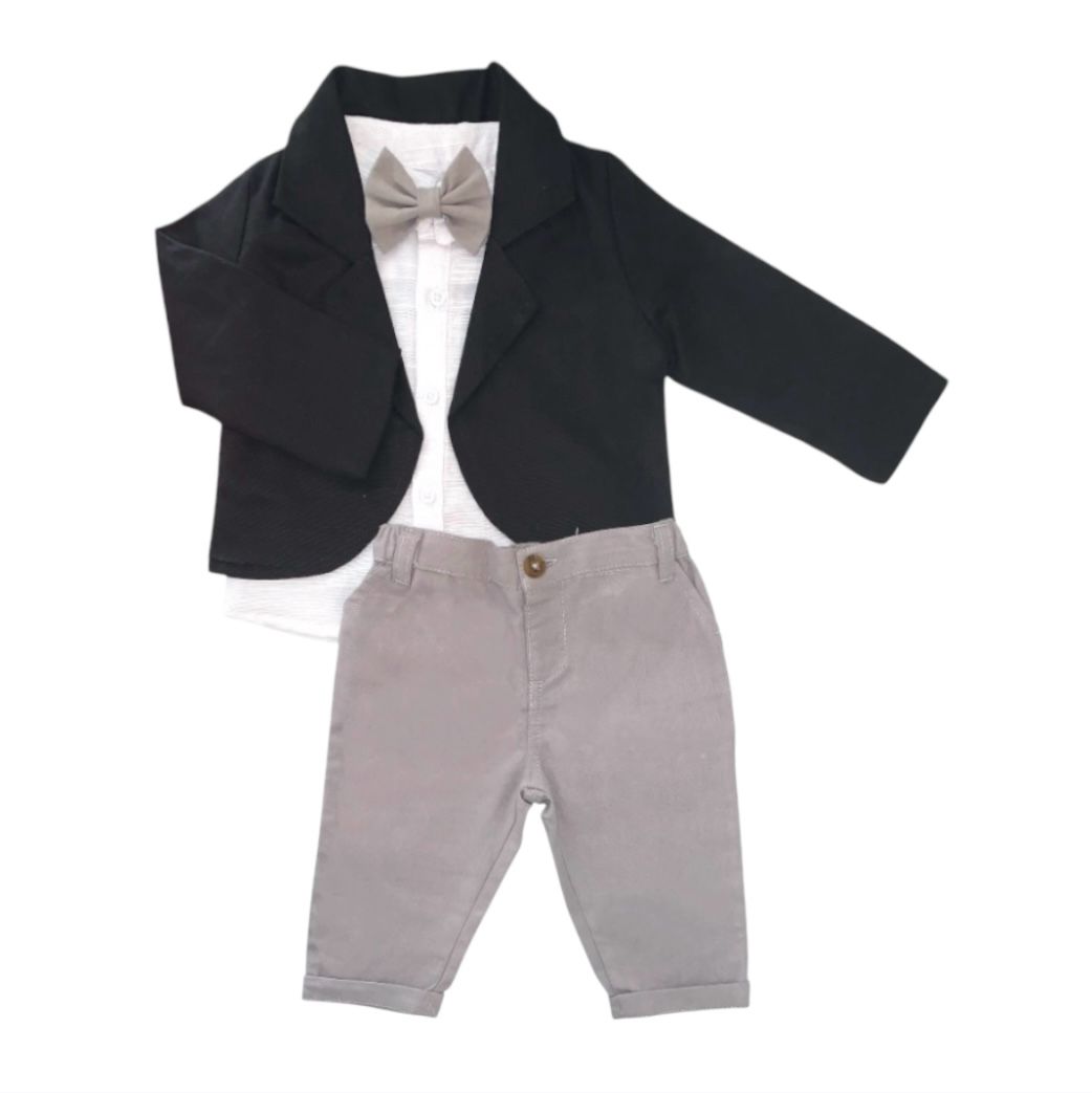 Boy's Blazer Set with Shirt, Pant & Bow - Black & Ash