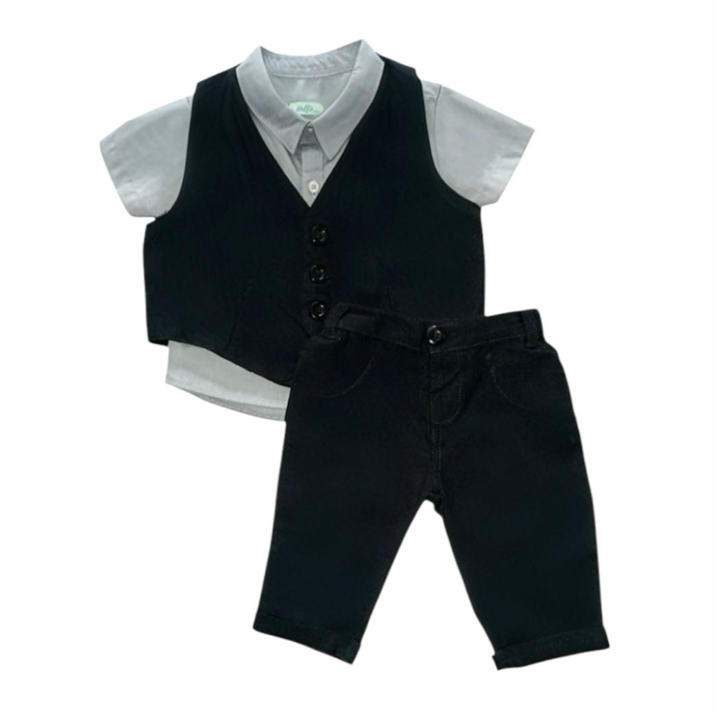 Boy's Waist Coat with Shirt & Pant - Black & Ash