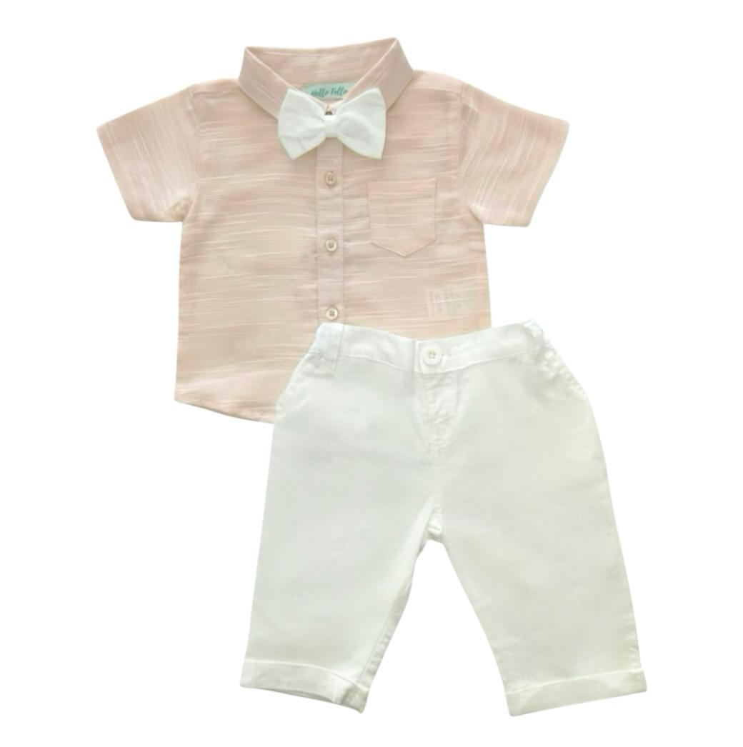 Light Orange Collar Shirt, White Pant & Bow