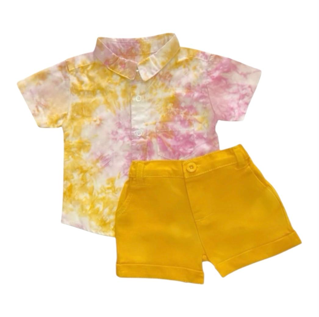 Yellow & Pink Tie-Dye Shirt with Short