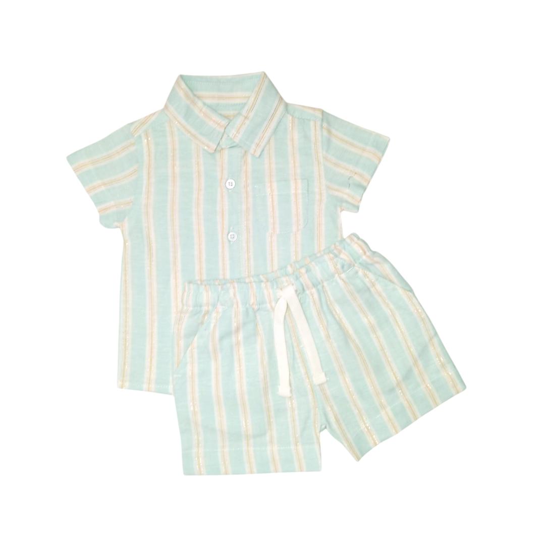 Boy's Shirt & Short Set - Mint Green Stripe