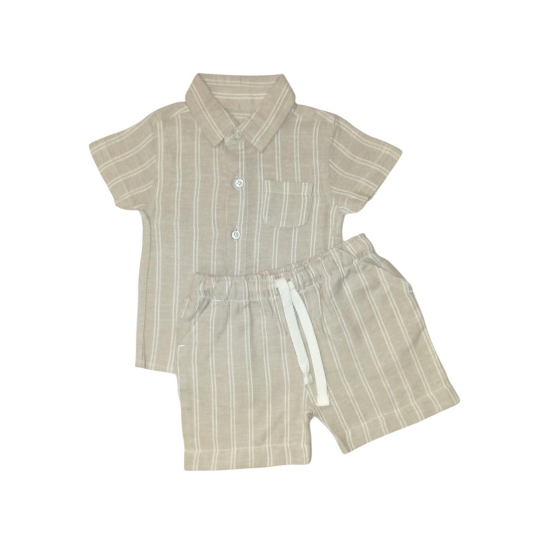 Boy's Shirt & Short Set - Beige Stripe