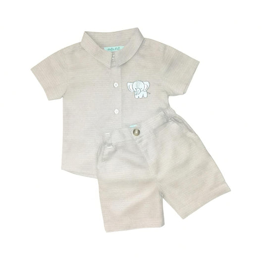 Elephant Embroidered Dot Print Shirt & Short Set - Brown
