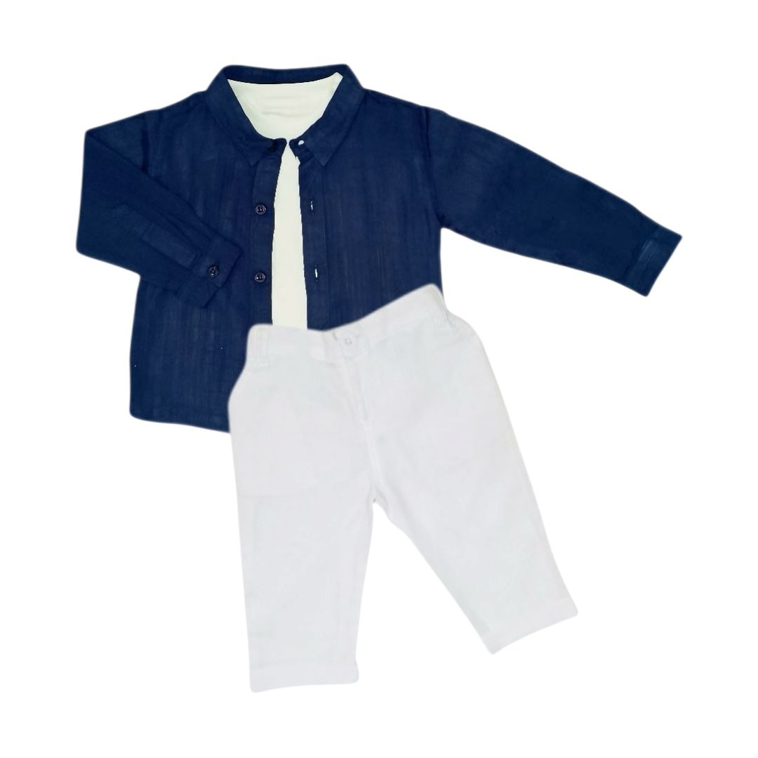 Boy's Casual Outfit - White & Dark Blue