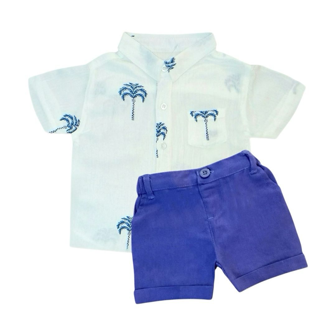 Printed Shirt with Short - White & Blue