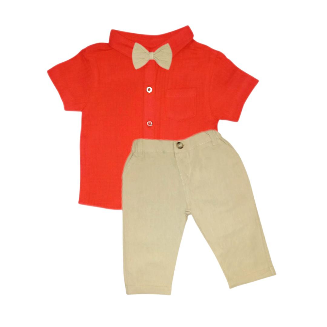 Boy's Outfit Set - Red & Beige