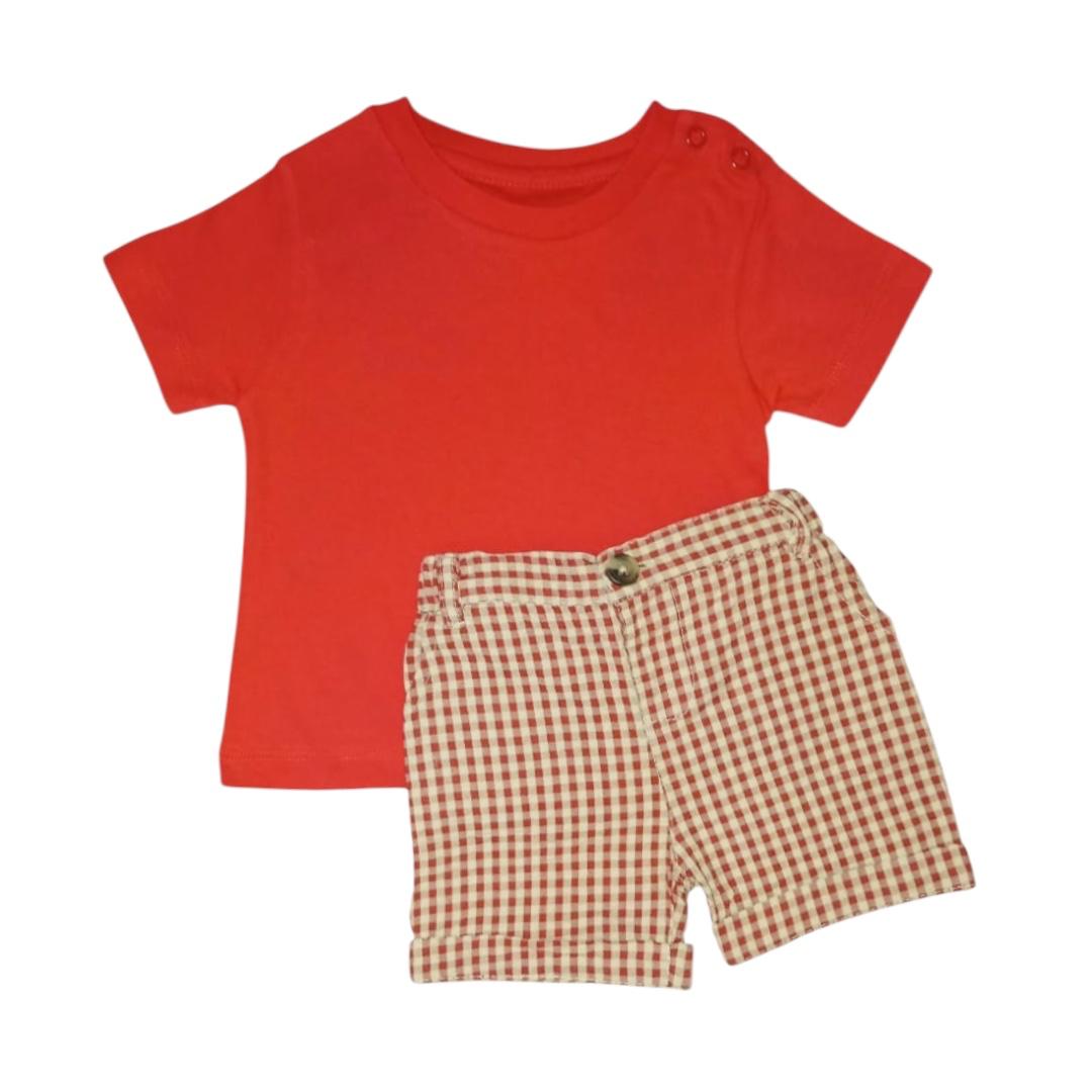 Red T Shirt with Check Short
