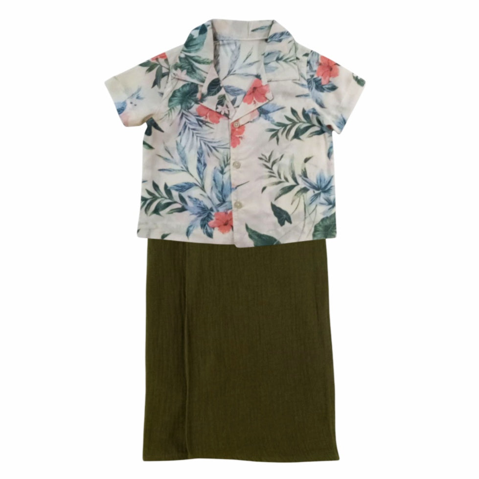 Boy's Avrudu Kit-Olive Green Sarong & Floral Shirt