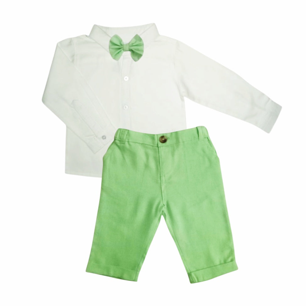 White Long Sleeve Shirt With Pastel Green Pant & Bow