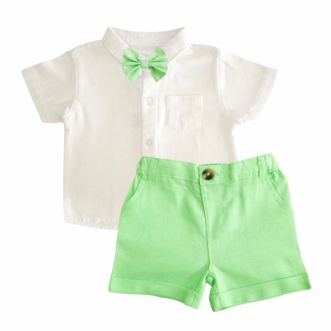 White Shirt With Pastel Green Short & Bow
