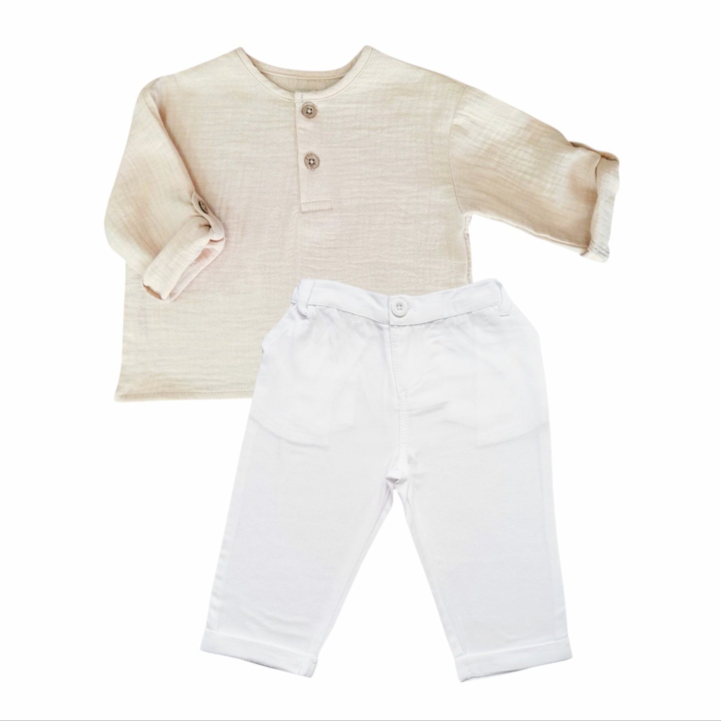 Beige Round Neck Long Sleeve Shirt With White Pant