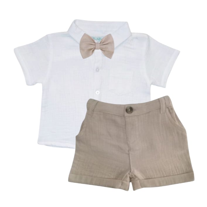 White Shirt With Beige Short & Bow