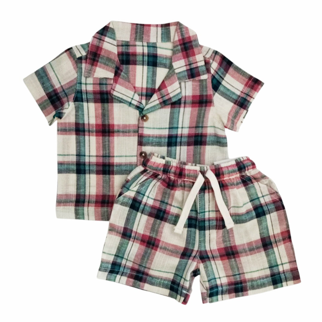 Checked Shirt With Short Set - Red, Green & White