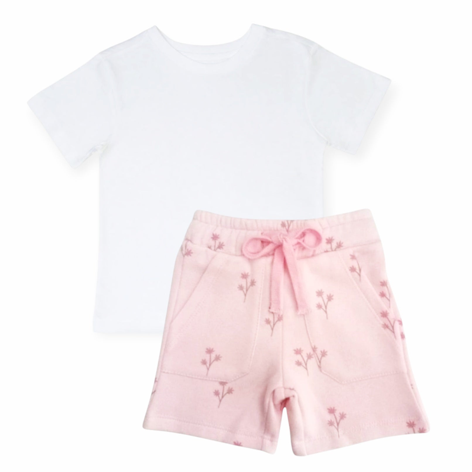 White T-Shirt With Floral Pink Rib Short