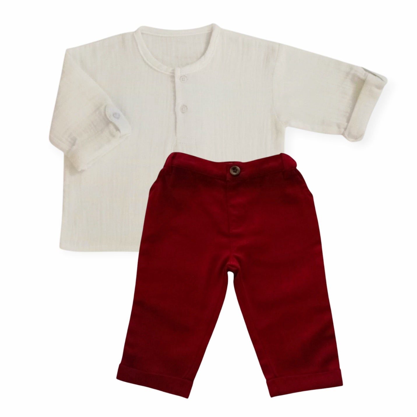 White Round Neck Long Sleeve Shirt With Maroon Pant