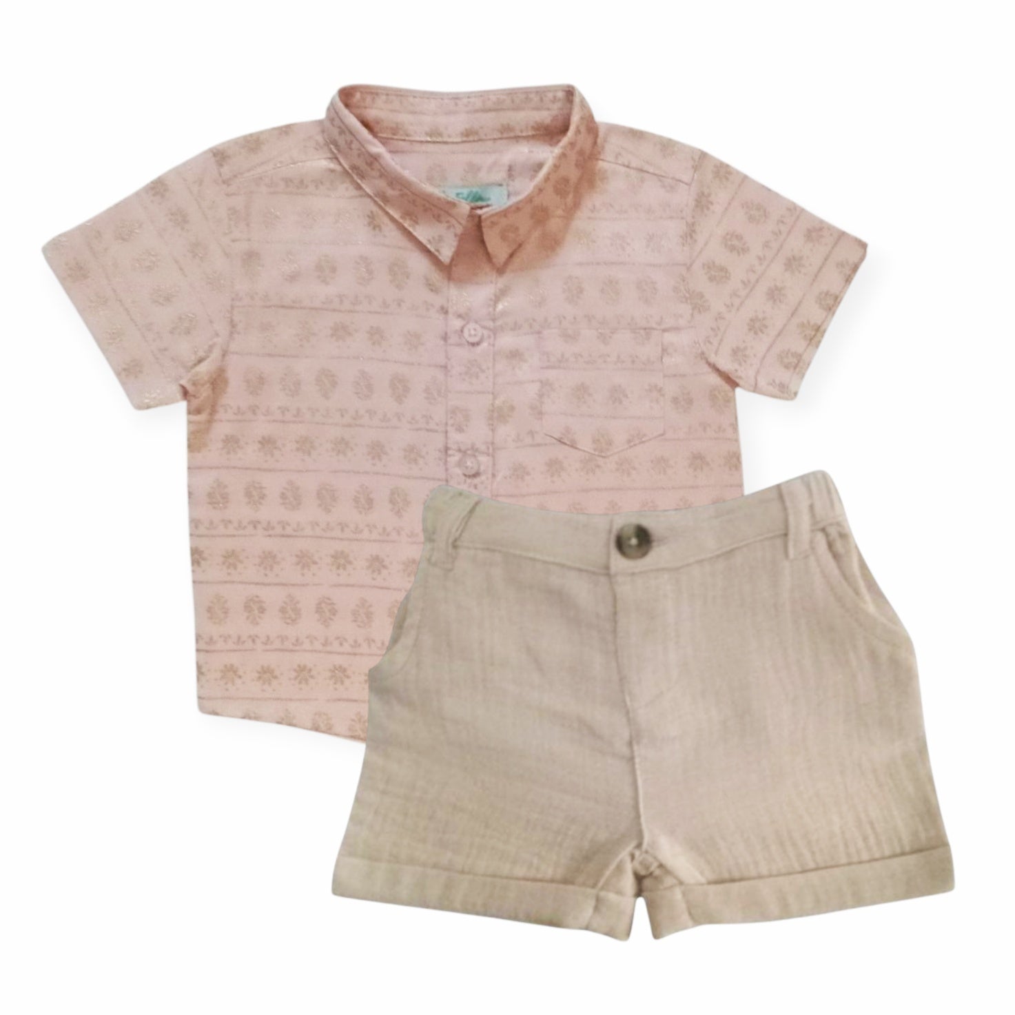 Gold Pattern Pink Shirt With Beige Short