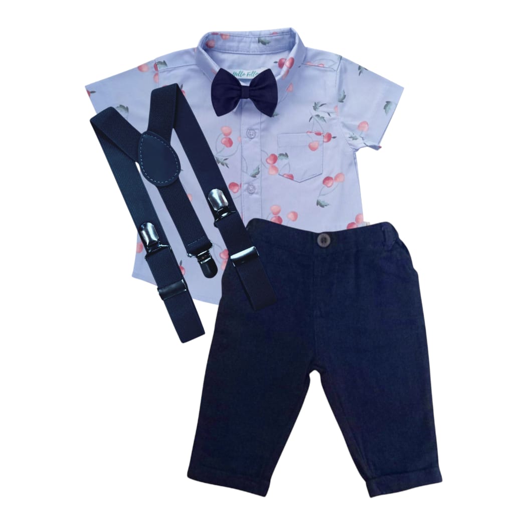 Cherry Printed Shirt With Dark Blue Pant, Bow & Suspender