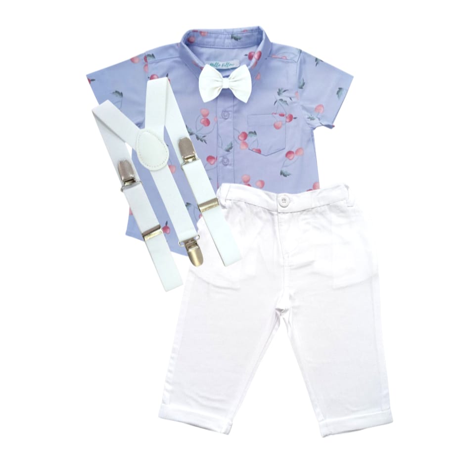 Cherry Print Shirt With White Pant, Bow & Suspender