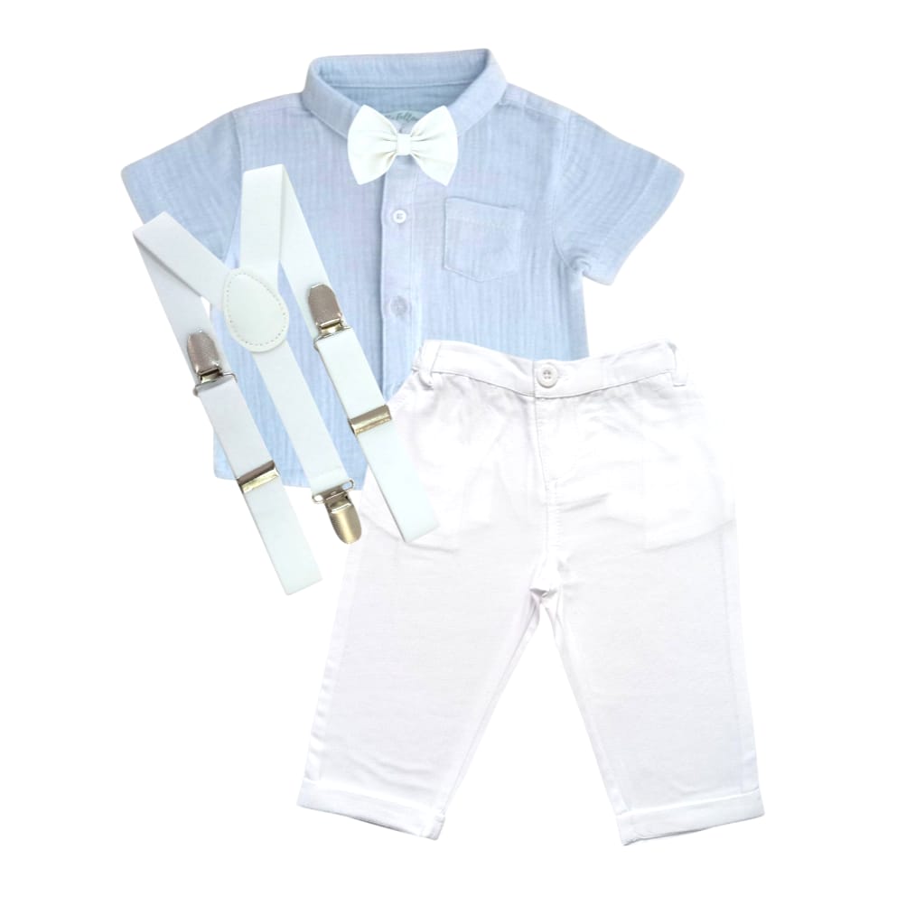 Sky Blue Shirt With White Pant, Bow & Suspender