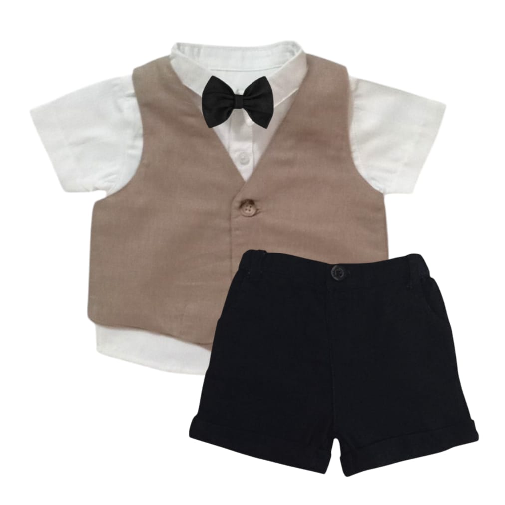 White Shirt With Beige Waist Coat, Black Short & Bow