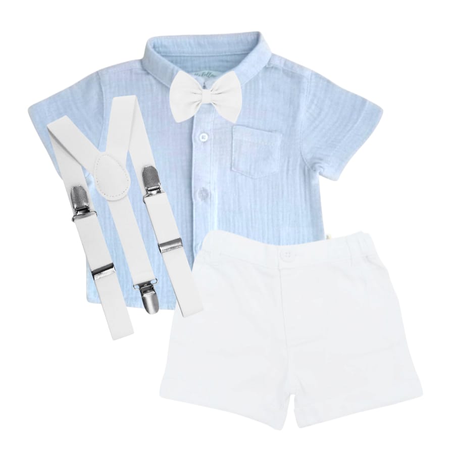 Sky Blue Shirt With White Short, Bow & Suspender