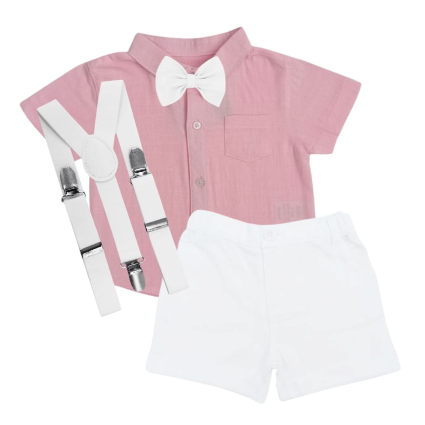 Pink Shirt With White Short, Bow & Suspender