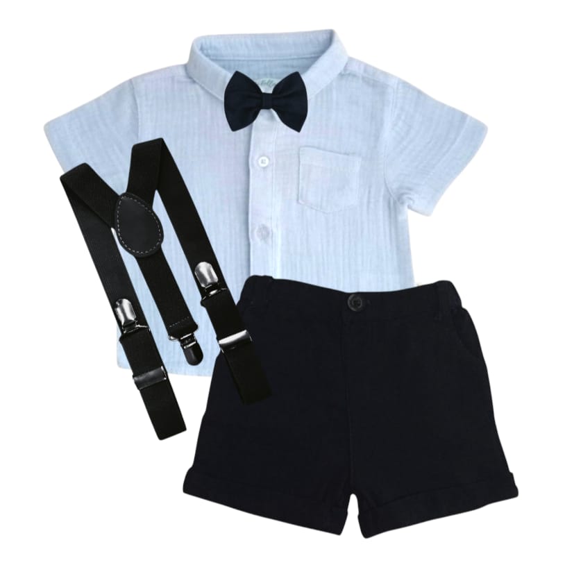 Sky Blue Shirt With Black Short, Bow & Suspender
