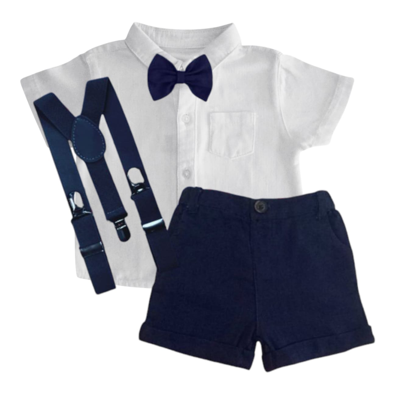 White Shirt With Dark Blue Short, Bow & Suspender