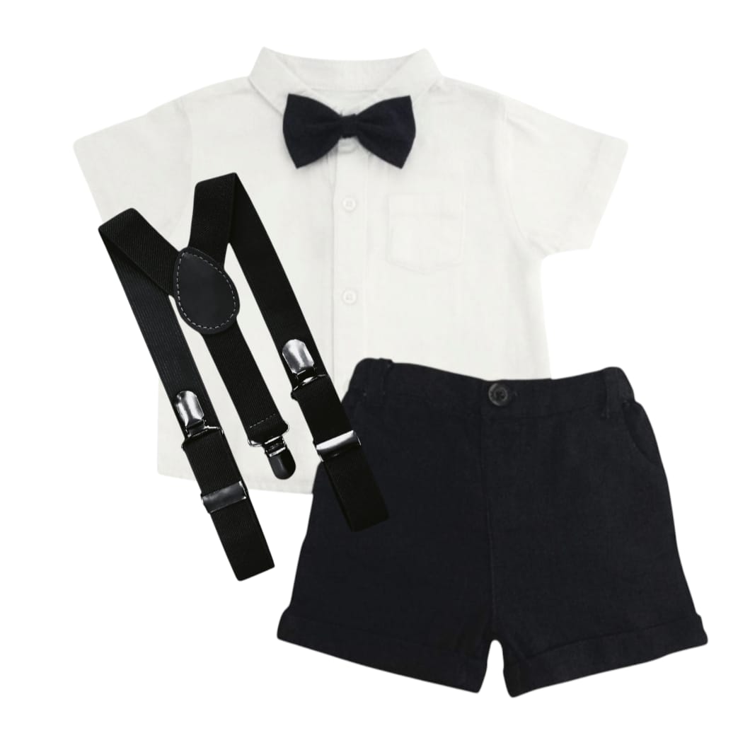 White Shirt With Black Short, Bow & Suspender