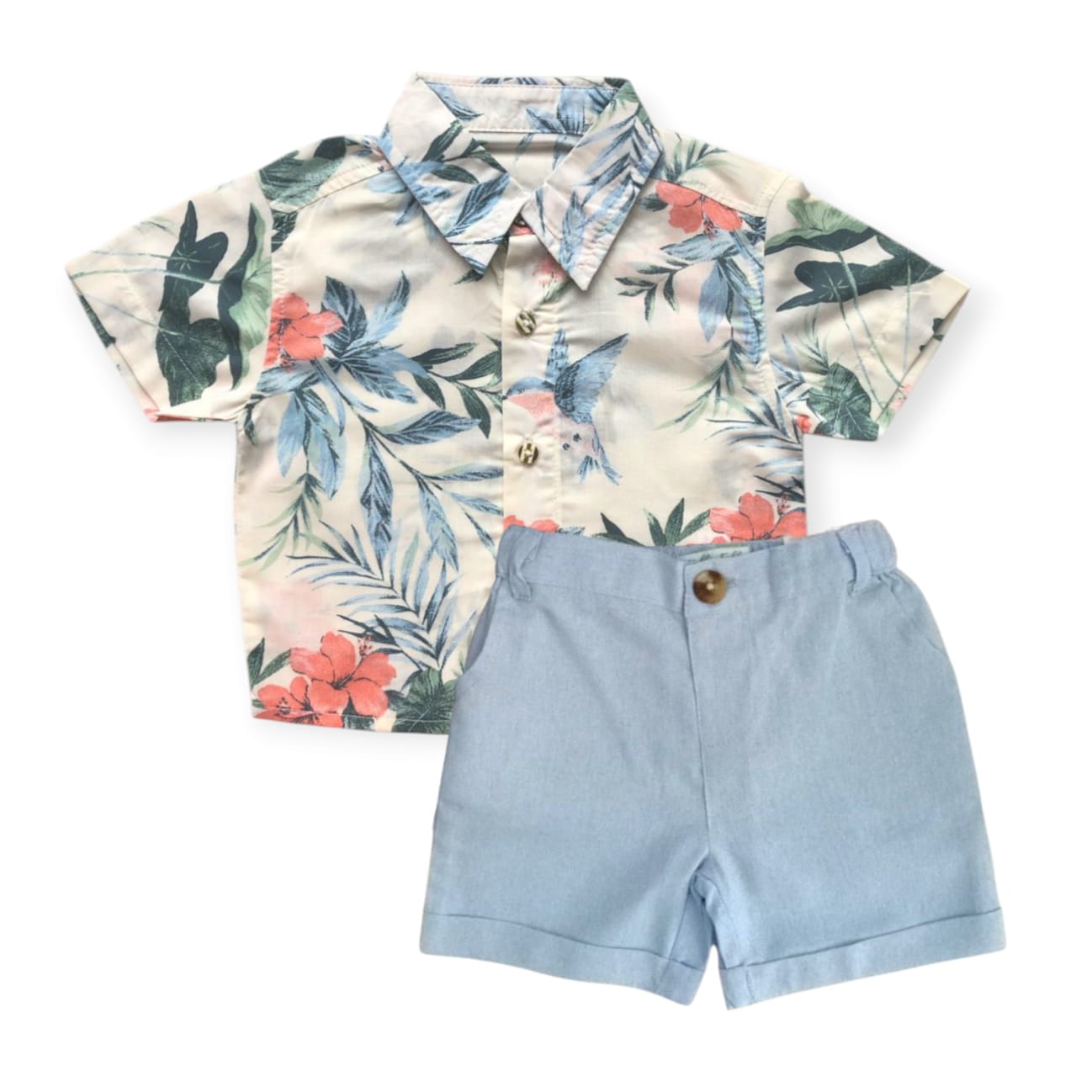 Olive Green Floral Shirt With Sky Blue Short Set