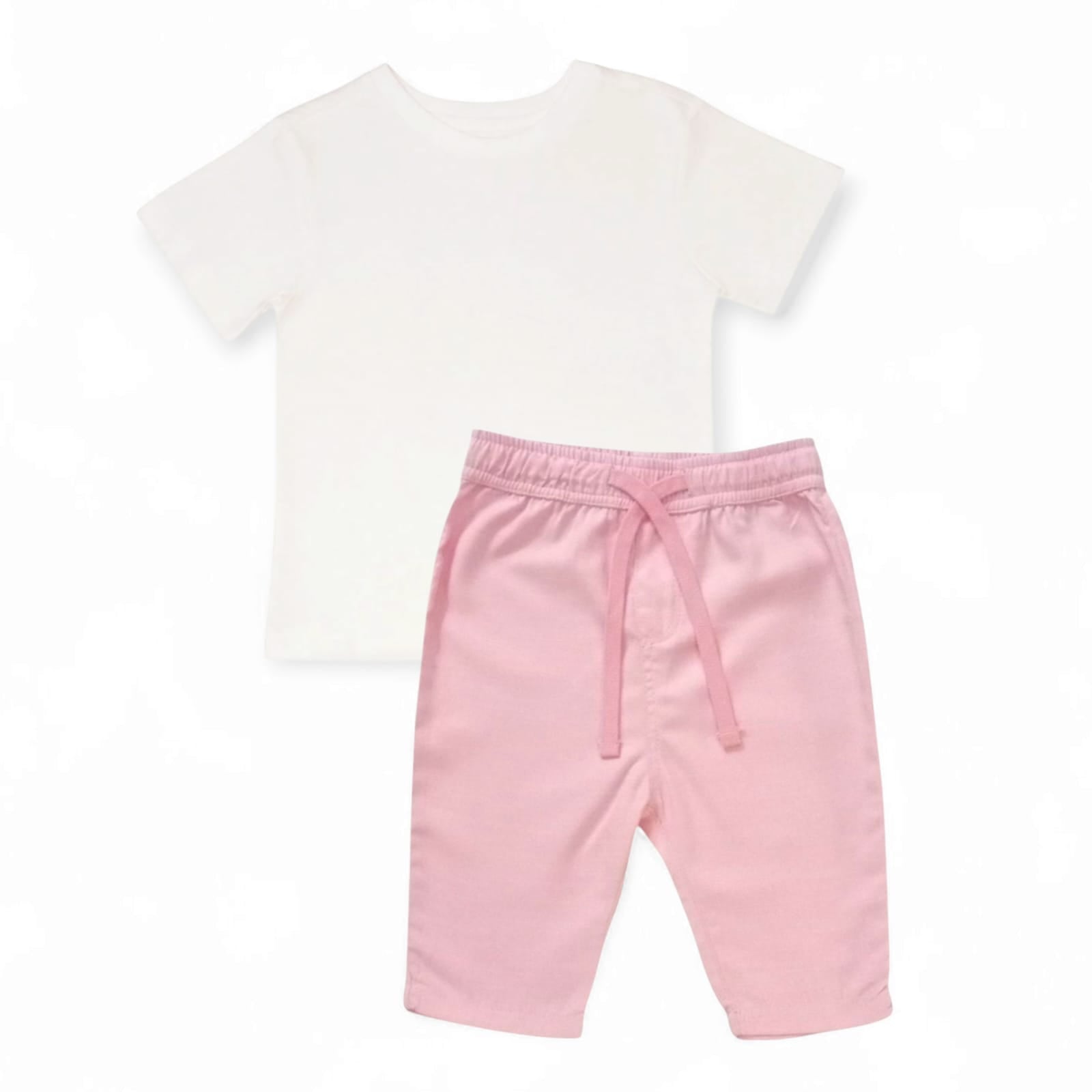 White T-shirt With Pink Pull-On Pant Set
