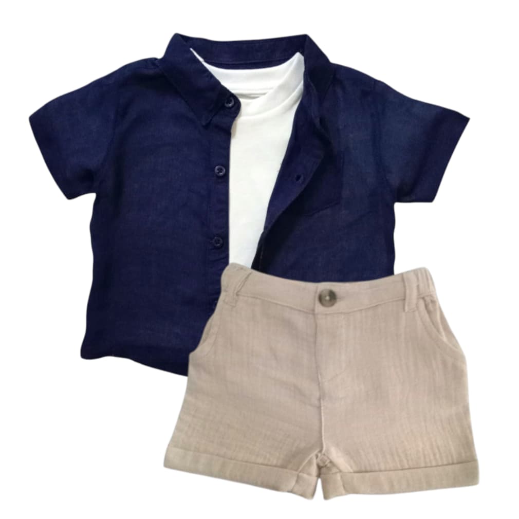 Dark Blue Shirt With White T-Shirt & Beige Short