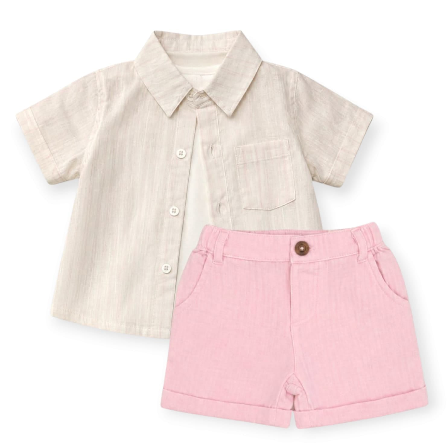 Pink Striped Shirt With White T-Shirt & Short Set