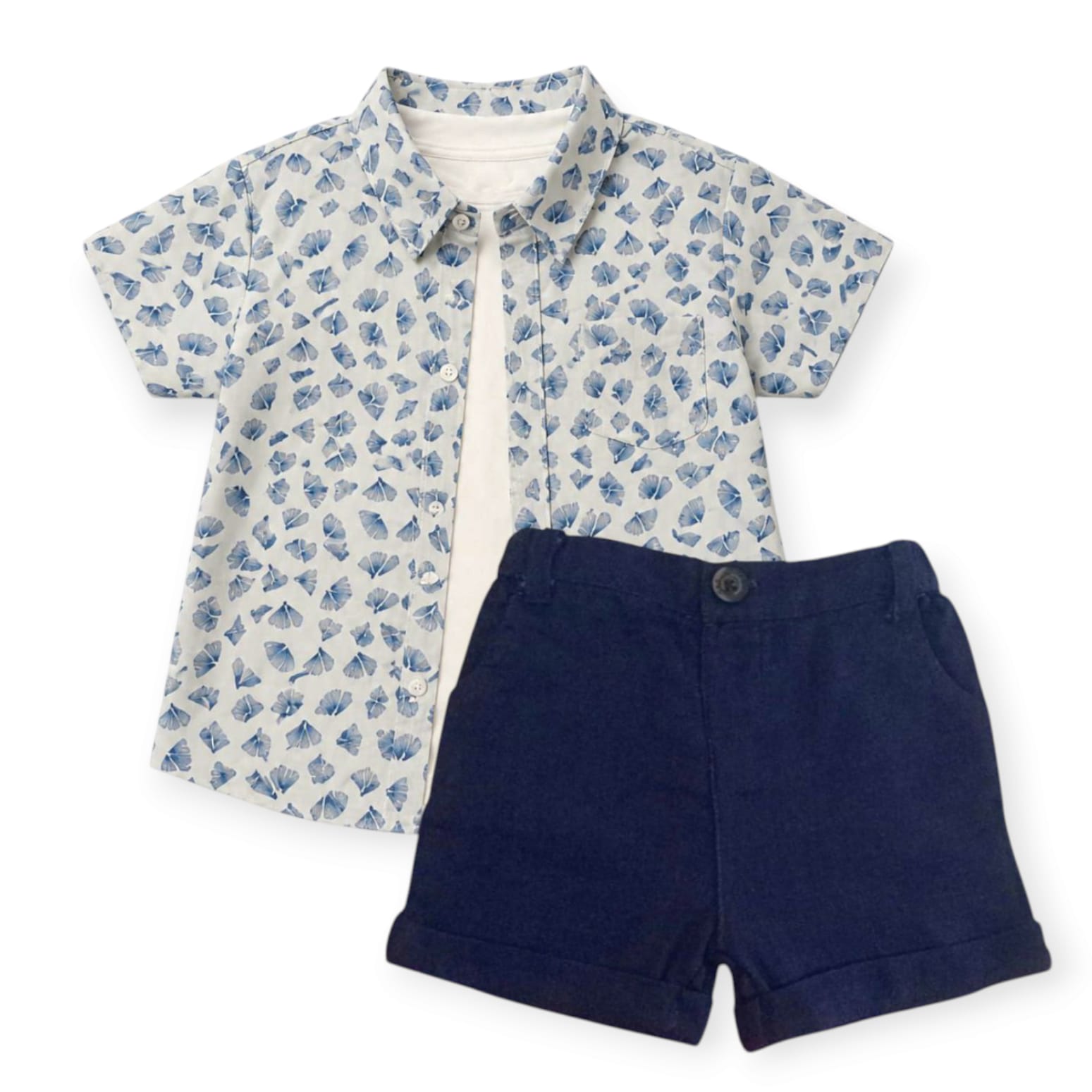 Blue Floral Shirt With White T-Shirt & Short