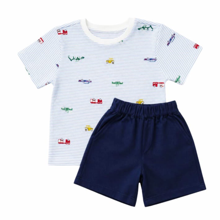 Vehicle Print T-Shirt With Dark Blue Pocketing Short
