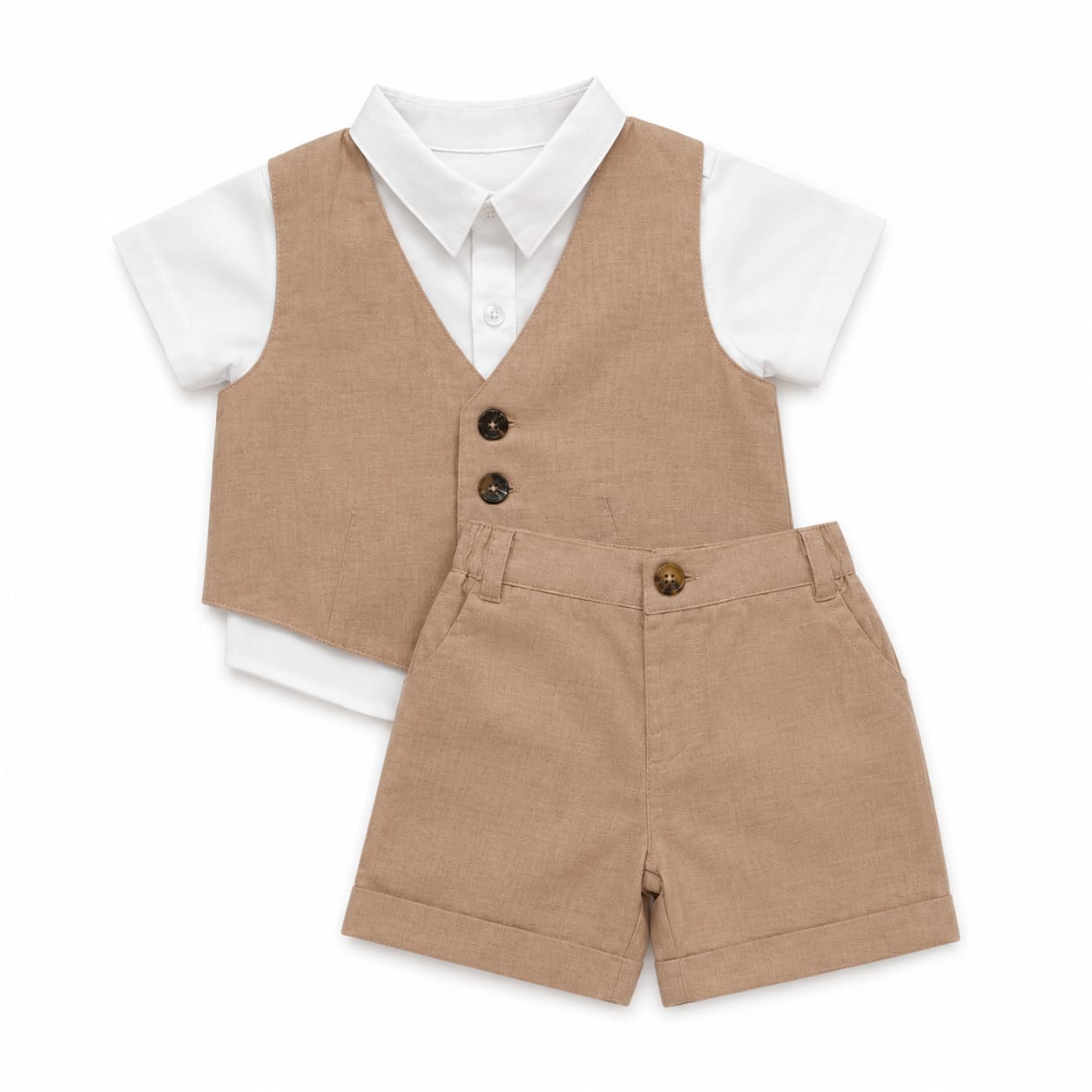 White Shirt With Beige Waist Coat & Short