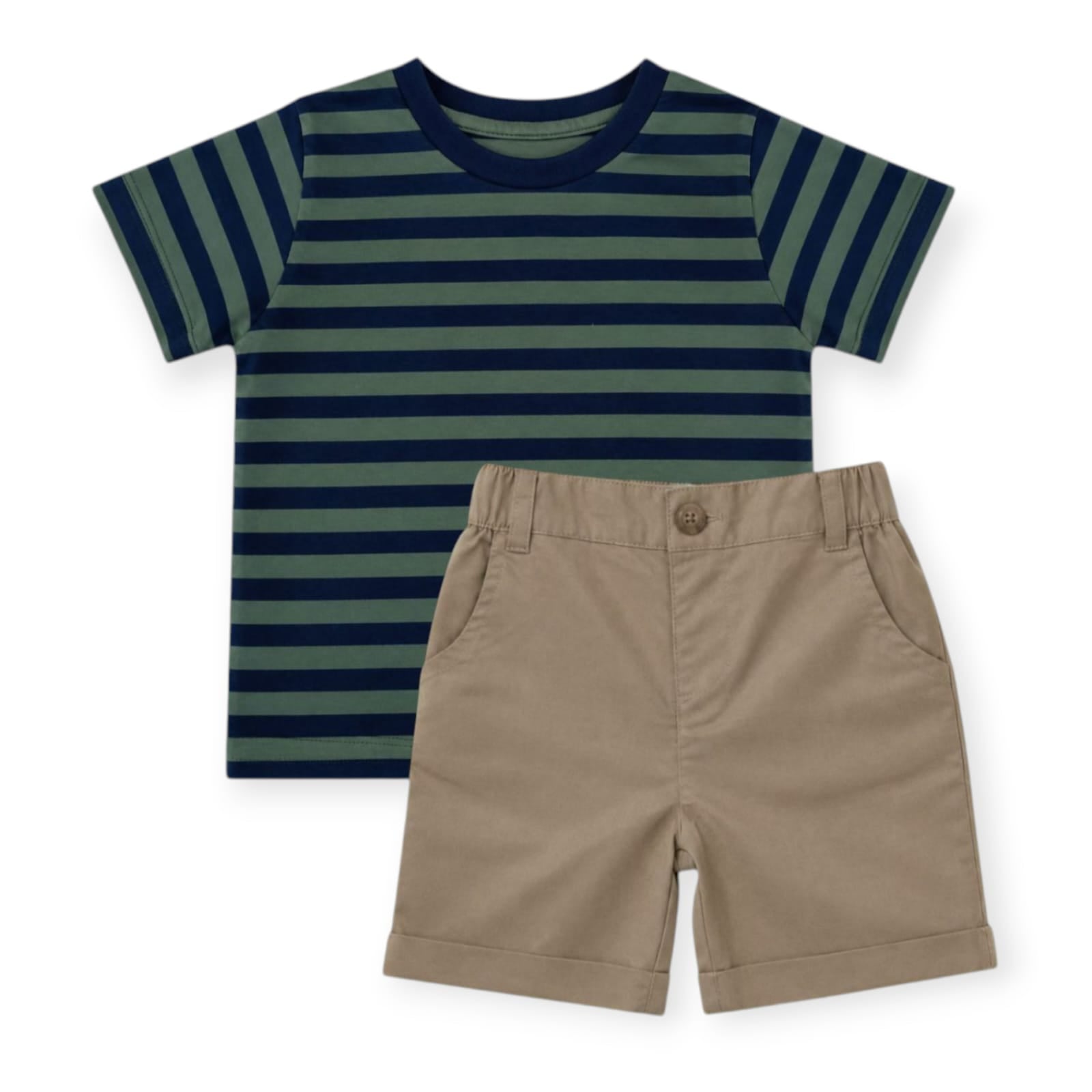 Dark Blue & Green Stripe T-Shirt With Beige Short