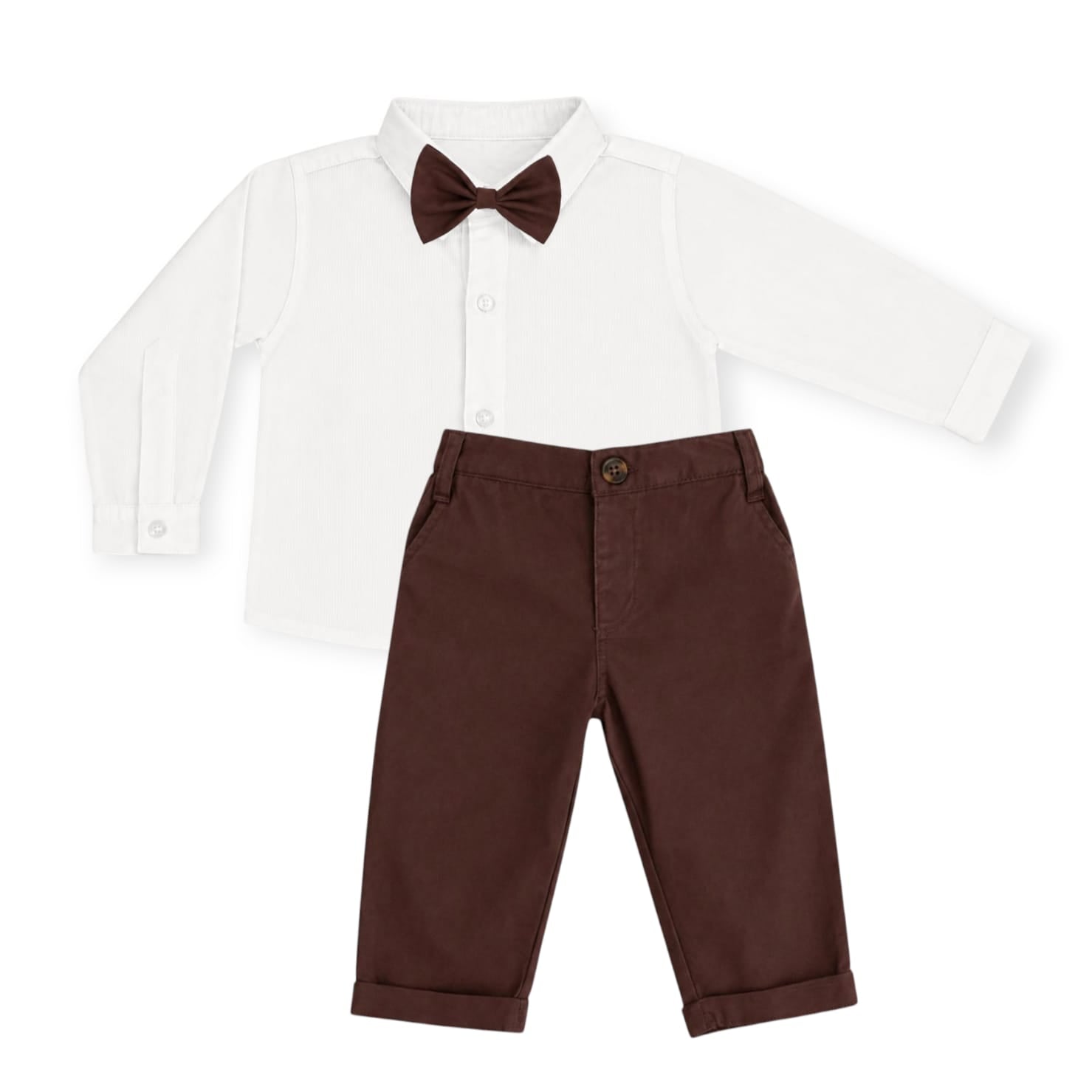 White Long Sleeve Shirt With Brown Pant & Bow