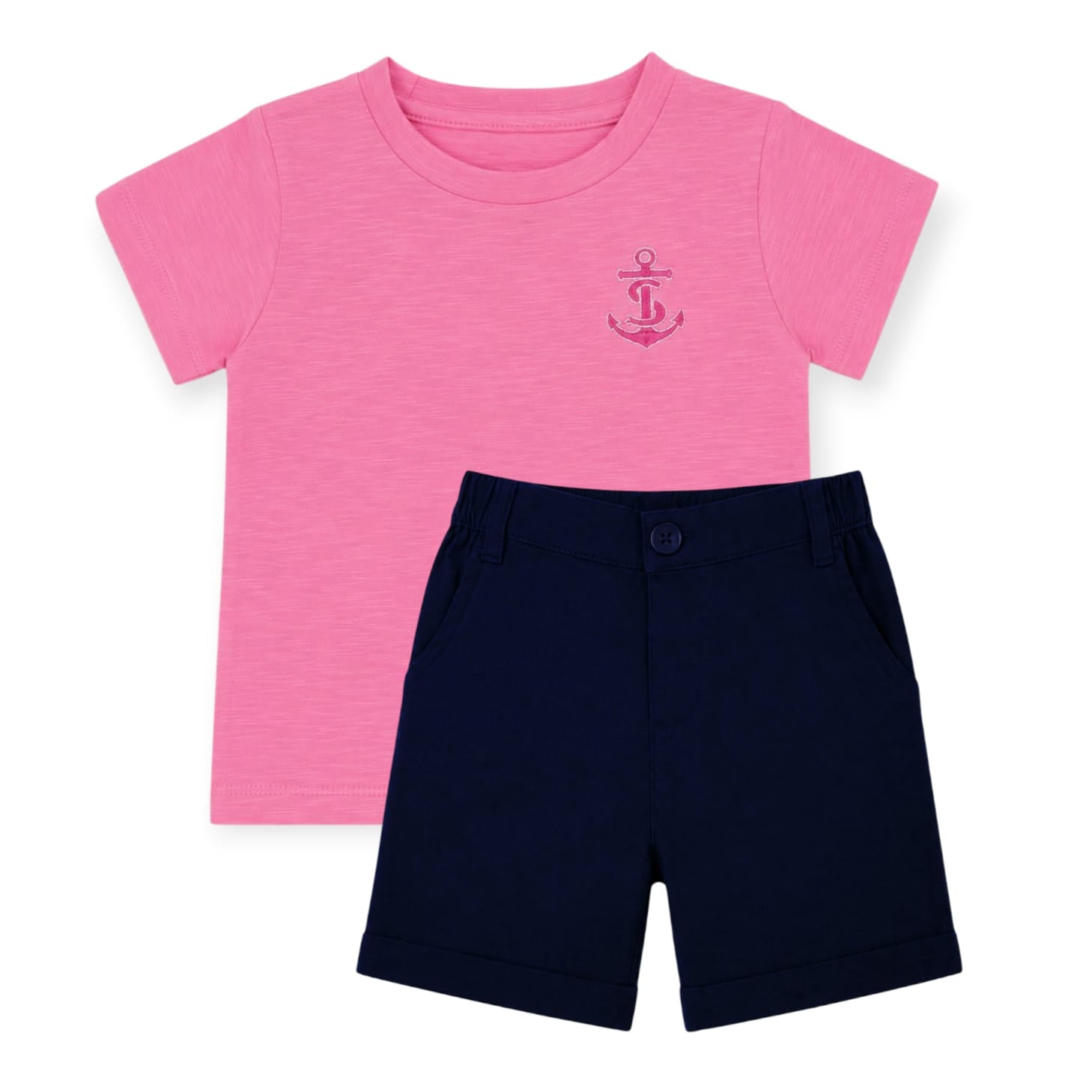 Anchor Embroidered Pink T-Shirt With Dark Blue Short