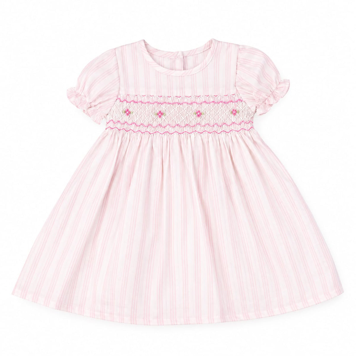 Pink Striped Smocking Dress- Flower Embroidered