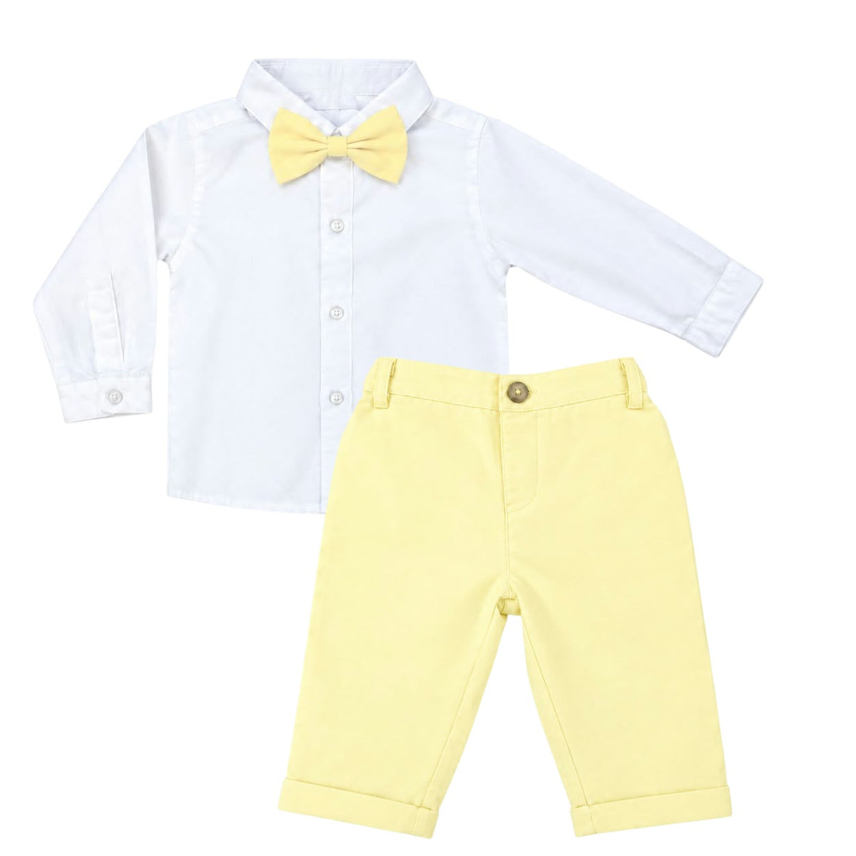 White Long Sleeve Shirt & Light-Yellow Pant with Bow