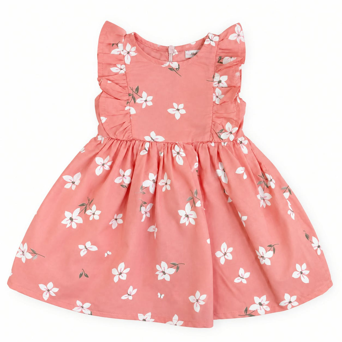 White Flower Printed Frill Frock