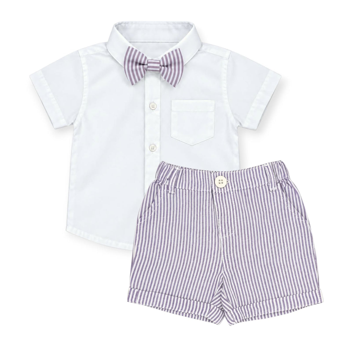 White Shirt with Purple Stripe Linen Short & Bow