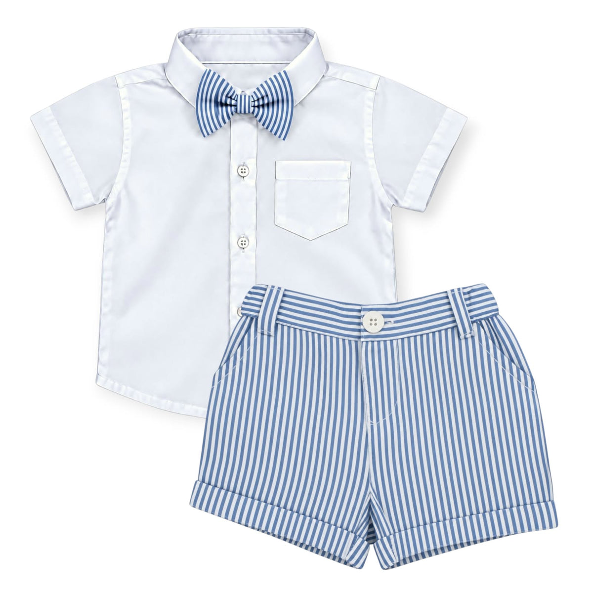 White Shirt with Blue Stripe Linen Short & Bow