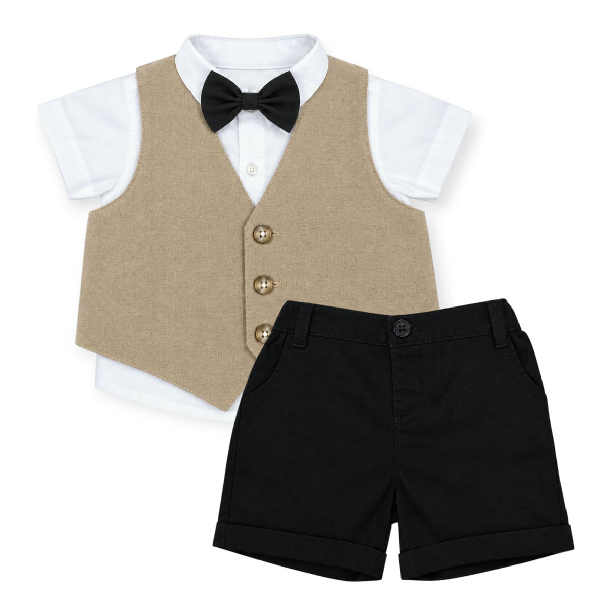 White Shirt With Beige Waist Coat, Black Short & Bow