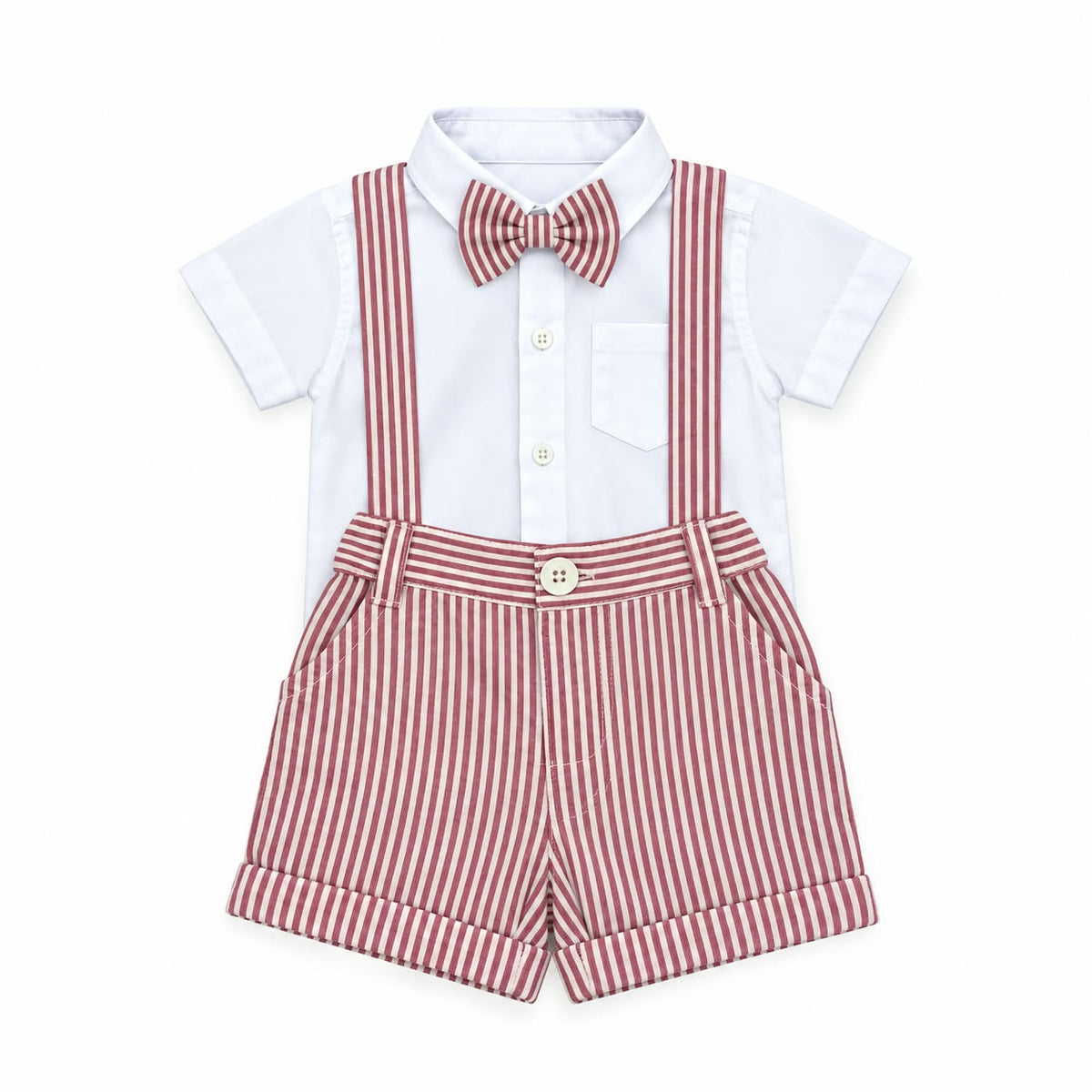 White Shirt, Maroon Stripe Short & Suspender with Bow